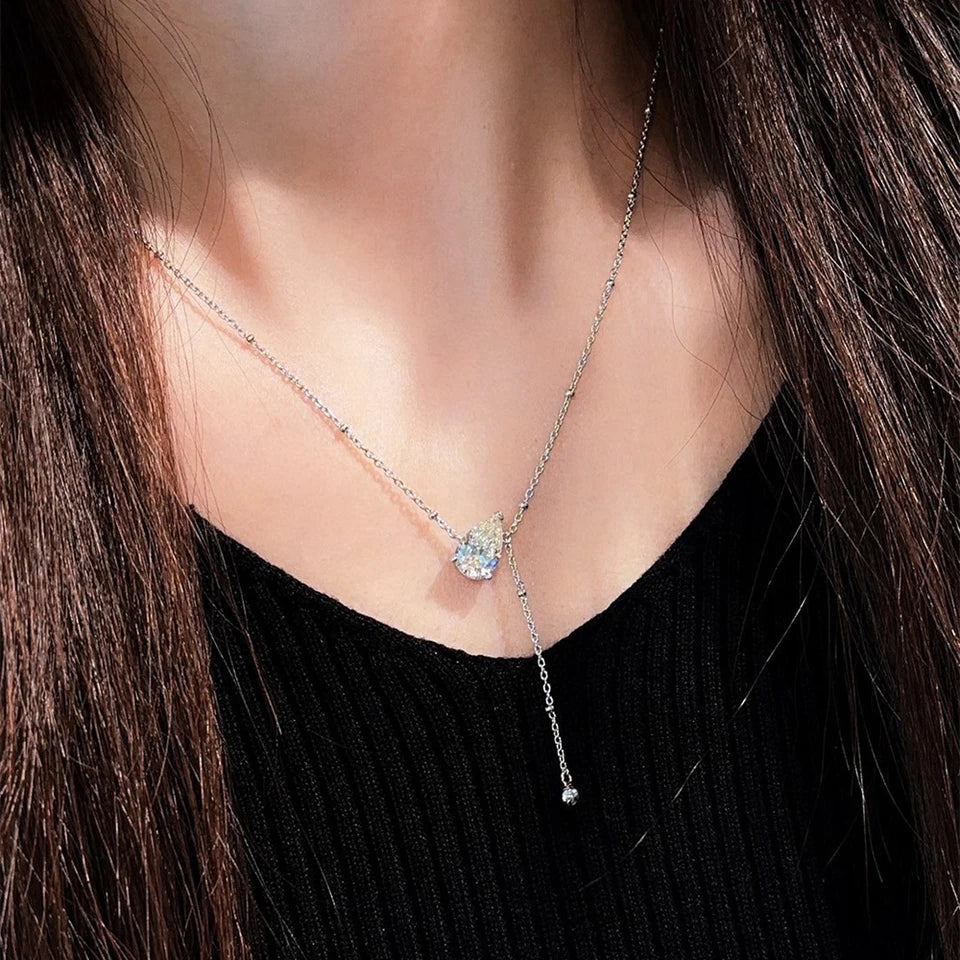 1-3CT Pear Cut Moissanite Pendant Necklace for Women GRA Certified S925 Silver Long Tassel Water Drop Collarbone Chain Jewelry