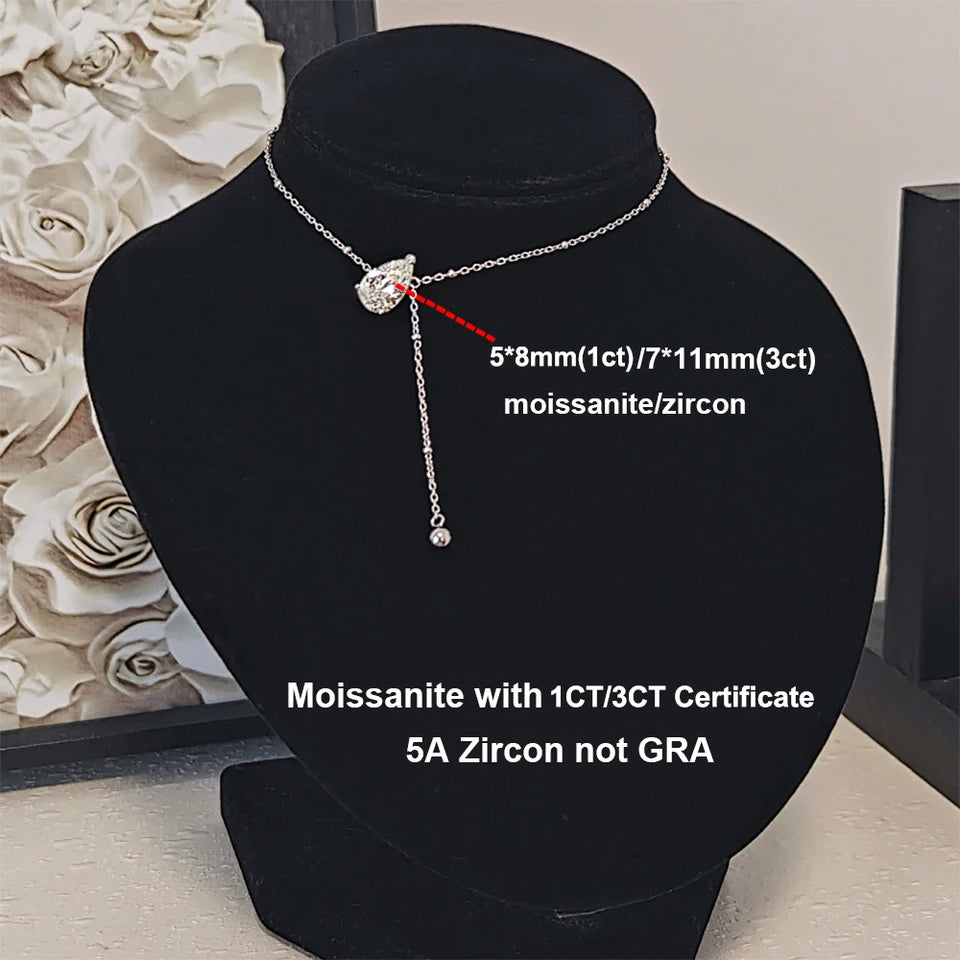 1-3CT Pear Cut Moissanite Pendant Necklace for Women GRA Certified S925 Silver Long Tassel Water Drop Collarbone Chain Jewelry